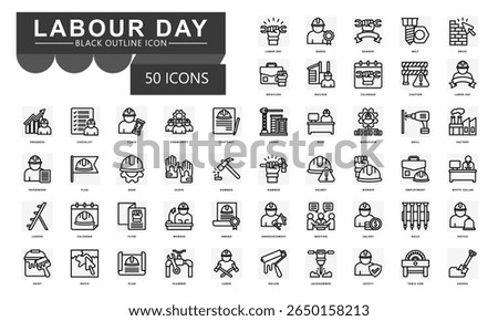 Labor day black outline icons set. contain labor day, badge, banner, worker, calendar, award, notice, factory, flyer, labor, bolt and more. Vector for modern concept, UI, UX, web and app development.