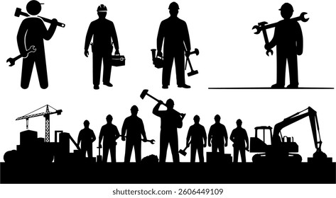 Labor Day Black Vector Silhouette on White Background | Workers' Celebration Illustration | Industrial and Minimalist Design | Editable Graphic