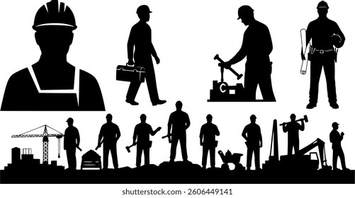 Labor Day Black Vector Silhouette on White Background | Workers' Celebration Illustration | Industrial and Minimalist Design | Editable Graphic