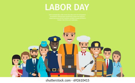 Labor Day bright promotion poster with representatives of all common professions in work uniforms on green background vector illustration.