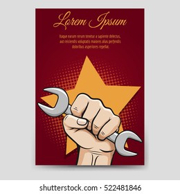 Labor day brochure flyer template. Flyer with working hand and wrench vector