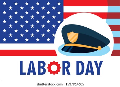 labor day card with police hat and flag usa vector illustration design