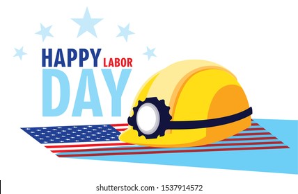 labor day card with safety helmet in flag usa vector illustration design