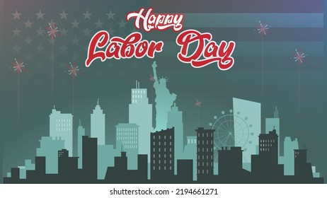Labor day celebration with the American flag as a backdrop of the USA city Design template. Vector illustration