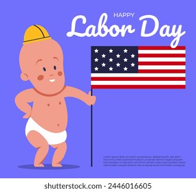 Labor Day celebration with American flags. Baby celebrate Solidarity of workers of different specialties. Flat vector illustration.