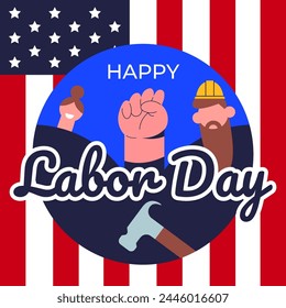 Labor Day celebration with American flags. Solidarity of workers humans of different specialties . Flat vector illustration.