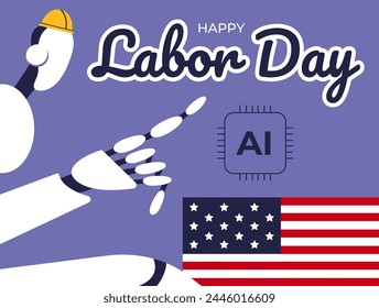 Labor Day celebration with American flags and Ai Robot. Solidarity of workers of different specialties. Flat vector illustration.