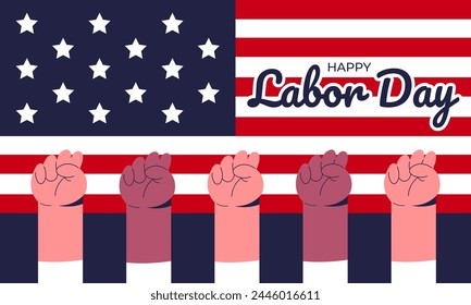 Labor Day celebration with American flags. Solidarity of workers of different specialties. Diversity equity inclusion. Community of people with different nationalities. Flat vector illustration.