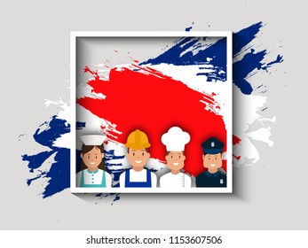 'Labor Day' celebration banner with american flag Colors with group of workers of various professions and specialists.