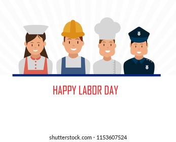 'Labor Day' celebration banner with american flag Colors with group of workers of various professions and specialists.