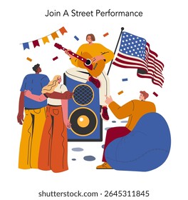 Labor Day Celebration concept. A joyful street performance with diverse musicians, an American flag, and festive decorations.