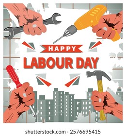 Labor Day celebration design, featuring urban construction motifs, equipment details, and festive text banners. Flat vector modern illustration 