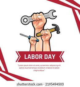 labor day celebration hand holding a hammer social media template design 