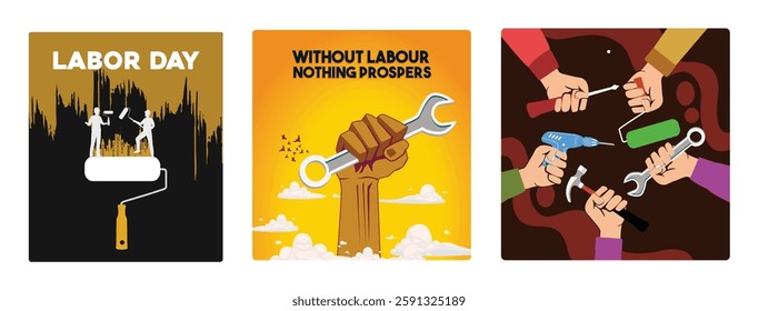 Labor Day celebration. Hand holding a wrench. International workers day, May 1. Labor Day concept. Set flat vector illustration.