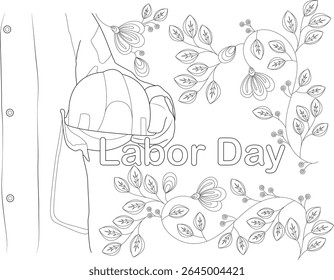Labor Day celebration line art illustration with safety helmet, elegant floral branches, leaves, and decorative flowers. Ideal for greeting cards, posters, banners, or coloring pages.