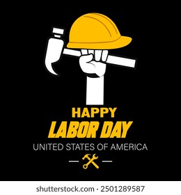 Labor Day Celebration Poster with Yellow Hard Hat, Workers Appreciation Graphic, Industrial Tools Background, Strong Fist with Wrench Icon, Construction Holiday, Industrial Safety Helmet, Labor banner