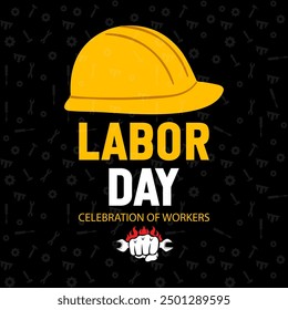 Cartel de la celebración del día del trabajo con el sombrero duro amarillo, gráfico de la apreciación de los trabajadores, fondo de las herramientas del Industrial, puño fuerte con el icono de la llave, construcción Festiva, casco de seguridad del Industrial, Anuncio del trabajo