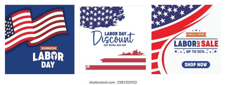 Labor Day celebration and sale banner American flag and patriotic elements. Perfect for holiday promotions and marketing campaigns. Labor Day sale concept. Set flat vector illustration.