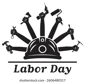Labor Day Celebration with Tools and Hard Hat. Isolated On Transparent Background.