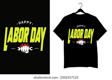 Labor Day Celebration T-Shirt, Yellow Hard Hat, Workers Appreciation Graphic, Industrial Tools Background, Strong Fist with Wrench Icon, Construction Holiday, Industrial Safety Helmet, Labor banner.