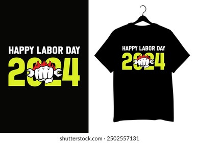 Labor Day Celebration T-Shirt, Yellow Hard Hat, Workers Appreciation Graphic, Industrial Tools Background, Strong Fist with Wrench Icon, Construction Holiday, Industrial Safety Helmet, Labor banner.