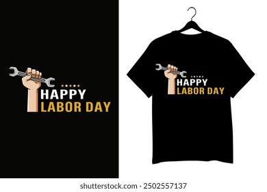 Labor Day Celebration T-Shirt, Yellow Hard Hat, Workers Appreciation Graphic, Industrial Tools Background, Strong Fist with Wrench Icon, Construction Holiday, Industrial Safety Helmet, Labor banner.