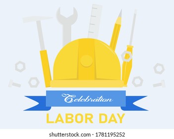 Concepto vectorial de celebración del Día del Trabajo: herramientas de casco y construcción con tornillos y tornillos dispersos