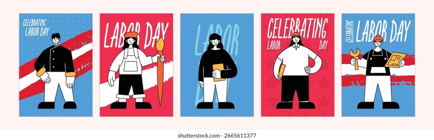 Arbeitstag Feier Arbeiter Vektor Poster Set. 