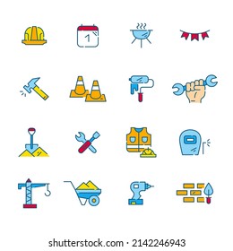 Labor day celebration and workers unity icons. Construction hat, bbq, hammer and other. Pixel perfect, editable stroke color icons