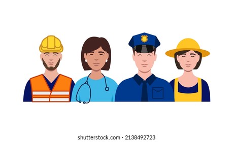 Labor day characters. Portraits of different occupations. Policeman, doctor, nurse, doctor, builder, farmer. Isolated labour day vector illustrations