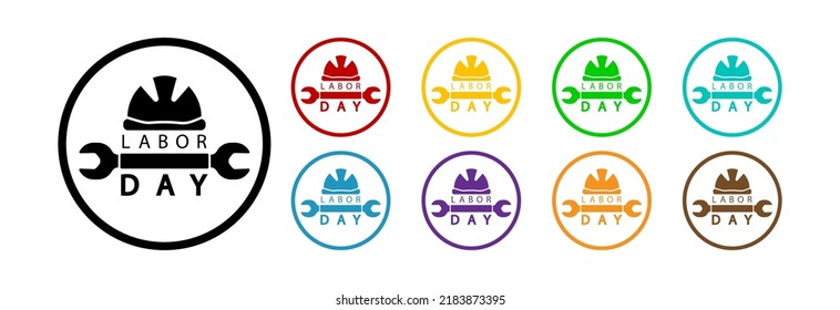 Labor day color icons set, worker helmet with wrench.