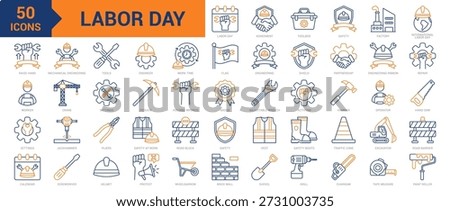 Labor Day colored line icon collection set. Containing activism, international labor day, flag, engineer, operator, agreement, toolbox, safety, factory, worker, industrial, road block, protest icons