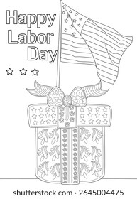 Labor Day coloring book page: Outline drawing with Happy Labor Day text, US flag, stars, and decorated gift box for coloring.