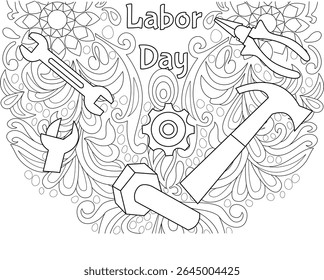 Página de coloração do dia do trabalho com ferramentas de trabalho essenciais - preto e branco arte da linha para o relaxamento, artesanato e atividades educacionais - comemorar o trabalho e a dedicação