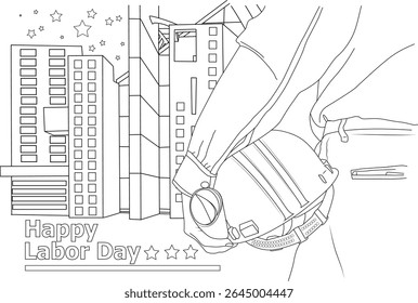 Labor Day Coloring Page Outline of a Construction Worker Holding a Hard Hat Against City Buildings and Stars, Ideal for Kids Activities.