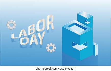 Labor day commemoration illustration design, with isometric factory building illustrations and additional gear elements, good for use as posters, labor day illustration background, etc.