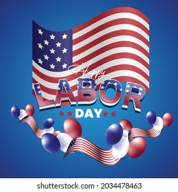 Labor day commemoration vector design with Happy Labor Day inscription and US flag, suitable for print media, posters, banners, design templates, backgrounds, etc.