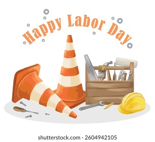 Labor Day composition with toolbox set, constructor helmet, traffic cone, and repair tools, including hammer, wrench, and drill