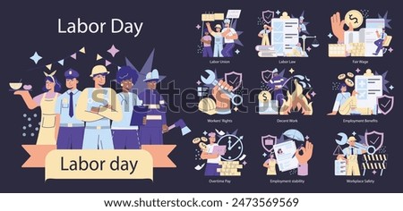 Labor Day concept. A diverse group of workers celebrates labor rights, fair wages, and employment benefits. Labor union advocacy and safety standards. Vector illustration.