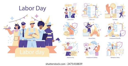 Conjunto de conceptos del Día del Trabajo. Celebración de diferentes profesiones y derechos de los trabajadores. Sindicatos, salarios justos y seguridad en el trabajo. Ilustración vectorial.