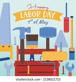 Concepto del Día Del Trabajo, Herramienta Para Trabajador, Diseño Plano, Vector, Ilustración