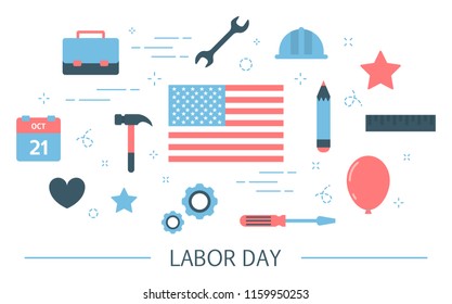 Labor day concept with USA flag. American traditional celebration in september. National holiday. Set of colorful icons. Flat vector illustration