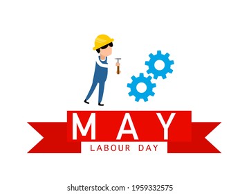 Labor day concept, worker with yellow protective helmet with hammer in hand and gears. below a banner of the first of May, on a white background