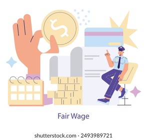 Labor Day concept. Worker's right for fair compensation celebrated on Labor Day. Calendar, paycheck, and coin elements. Vector illustration.