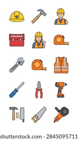 Labor Day Construction and Engineering Tools Icon Set Vector, Builders Hard Hat Toolbox Drill and Household Repair Equipment Illustration, Construction Workers and Commercial Repair Tools Vector, Engineering Equipment and Handyman Line Icons Illustration, Essential Labor Day Craftsman and Building Equipment Collection Vector, Male and Female Construction Workers with Power Tools and Safety Gear Illustration