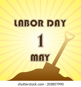 labor day and construction icon on yellow ray pattern background (vector)