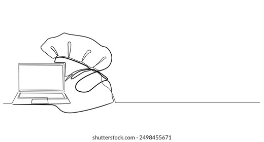 labor day continuous line.one line drawing of laptop,chef hat,engineer helmet.labor day one line vector concept.single line vector illustration