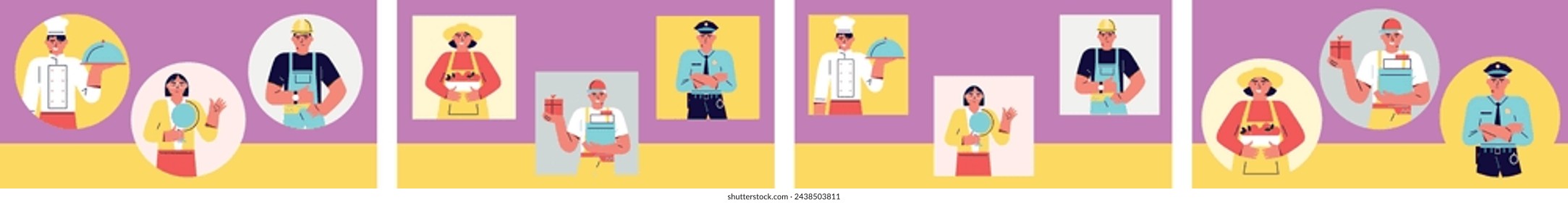 Labor day. Courier, doctor, teacher character set. Vector illustration in cartoon flat style. Various professions and specialists	
