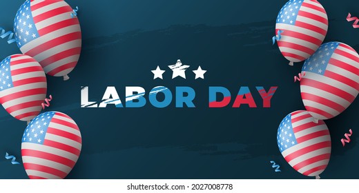 Labor Day cover design. 3d balloons with America flag pattern and lettering in grunge style on a blue background. USA holiday poster template. Vector illustration. EPS 10