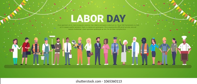 Labor Day Decoration Poster With People Of Different Occupations Over Template Background